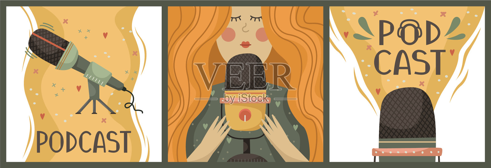 与播客和博客的一个女孩录音插画图片素材