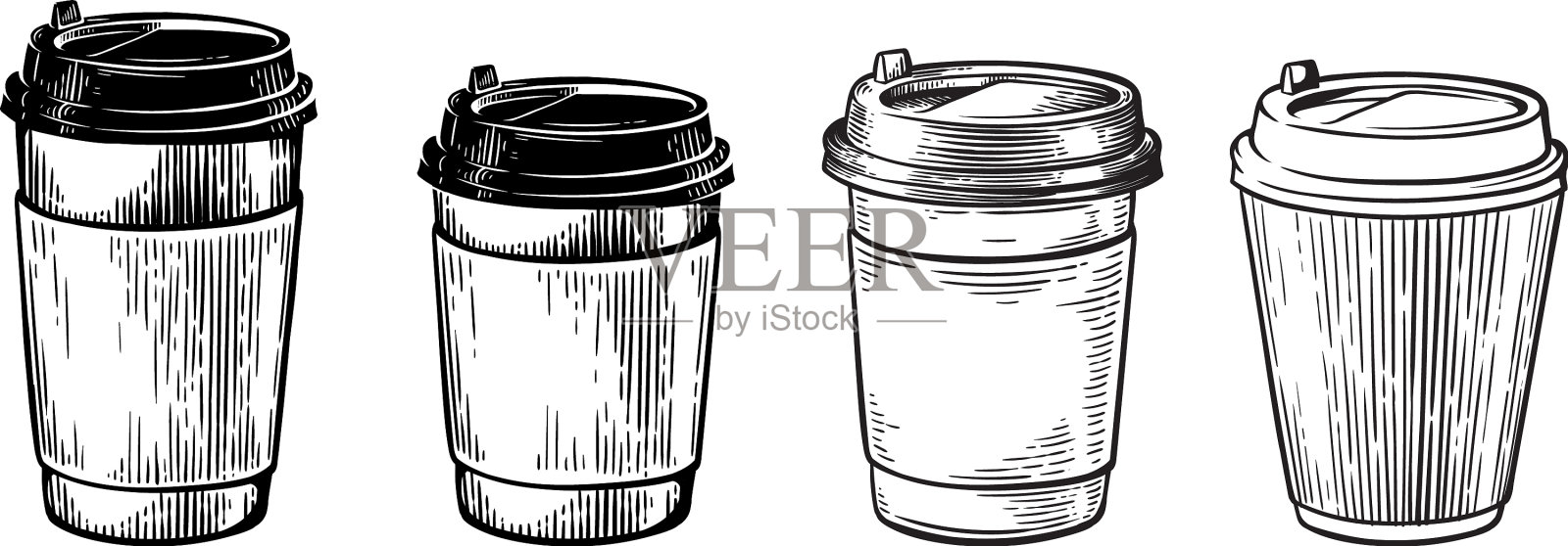 不同的杯子用咖啡或茶手绘插画图片素材