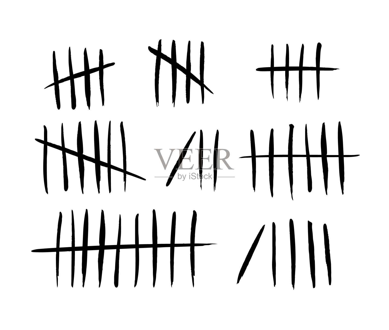 理货标志设置在白色背景上。收集黑色哈希标志的监狱墙，监狱或荒岛遗失的一天计数数字。粉笔画的棍子线计数器。矢量图插画图片素材