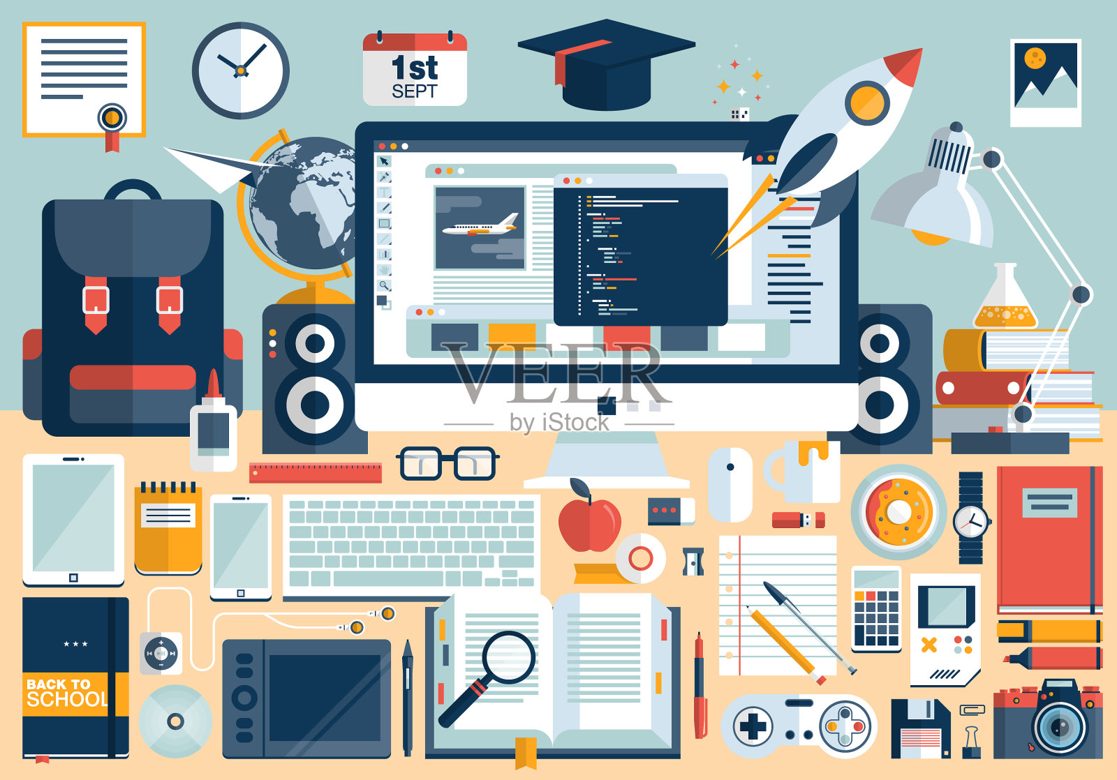 扁平化办公工作区插画图片素材