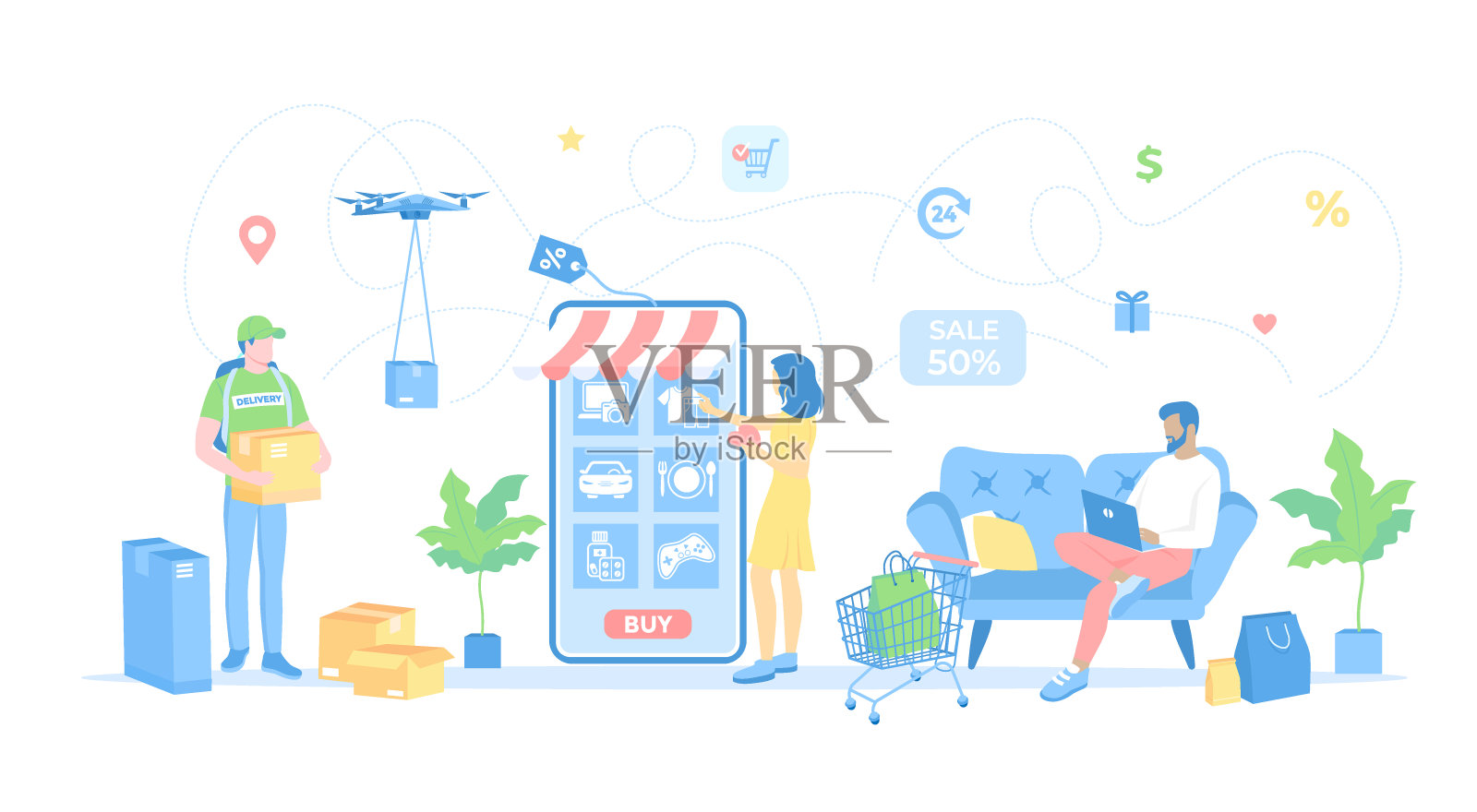 网上购物，申请，服务，银行。送货上门服务。人们通过手机和笔记本电脑在网上购物。矢量插图平面风格。插画图片素材