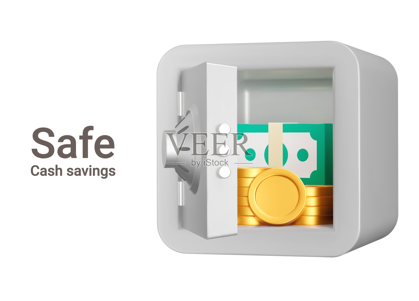 放钱的保险箱。钱储蓄。在透明背景上孤立的3d对象插画图片素材