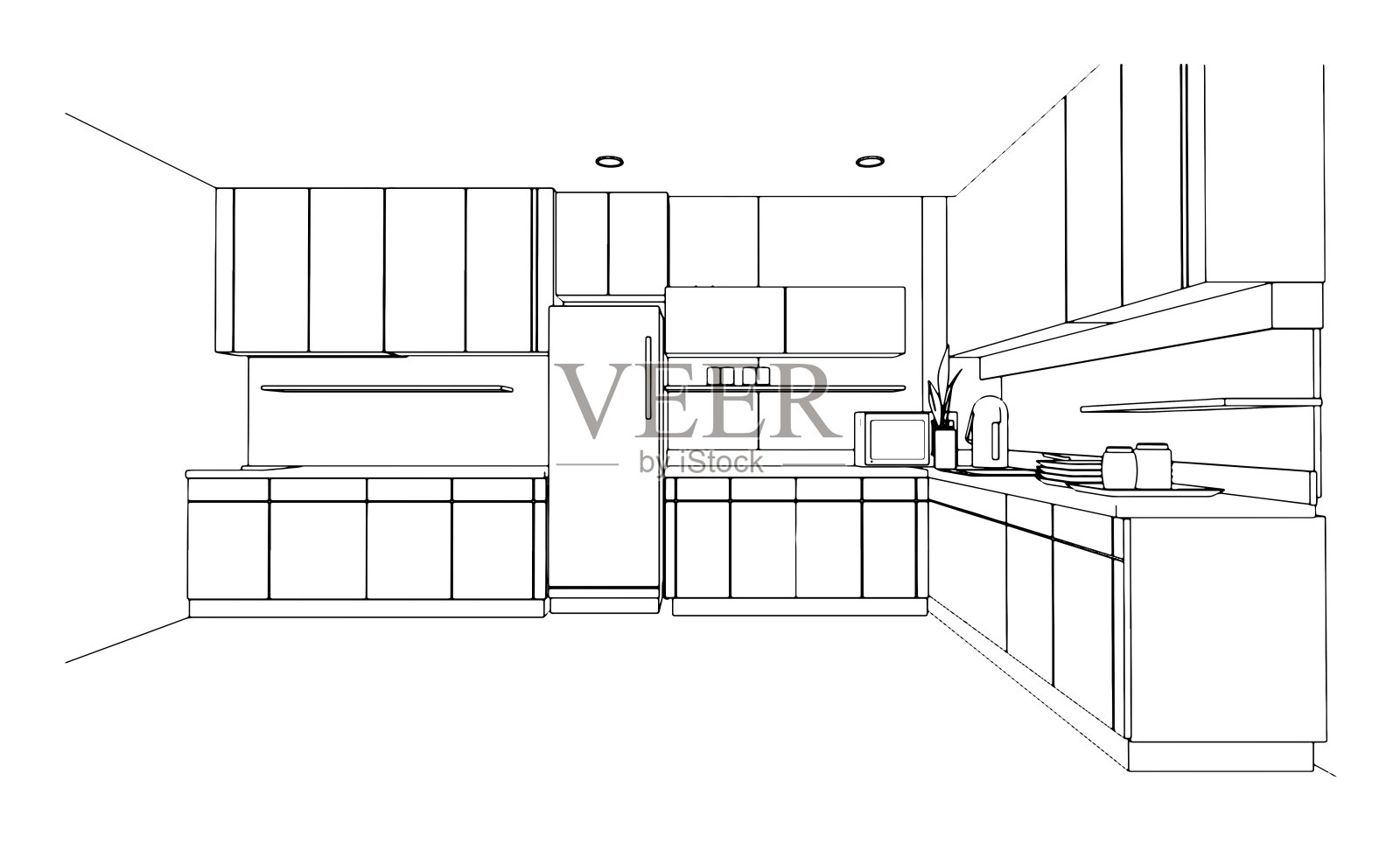 厨房及食品柜的线条绘制，现代设计，3d渲染插画图片素材