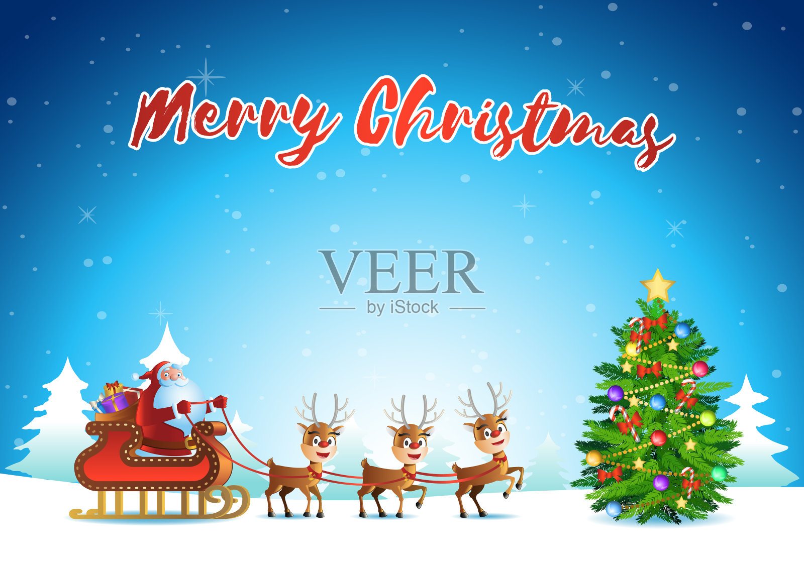 圣诞老人和驯鹿开始给每个人送礼物插画图片素材