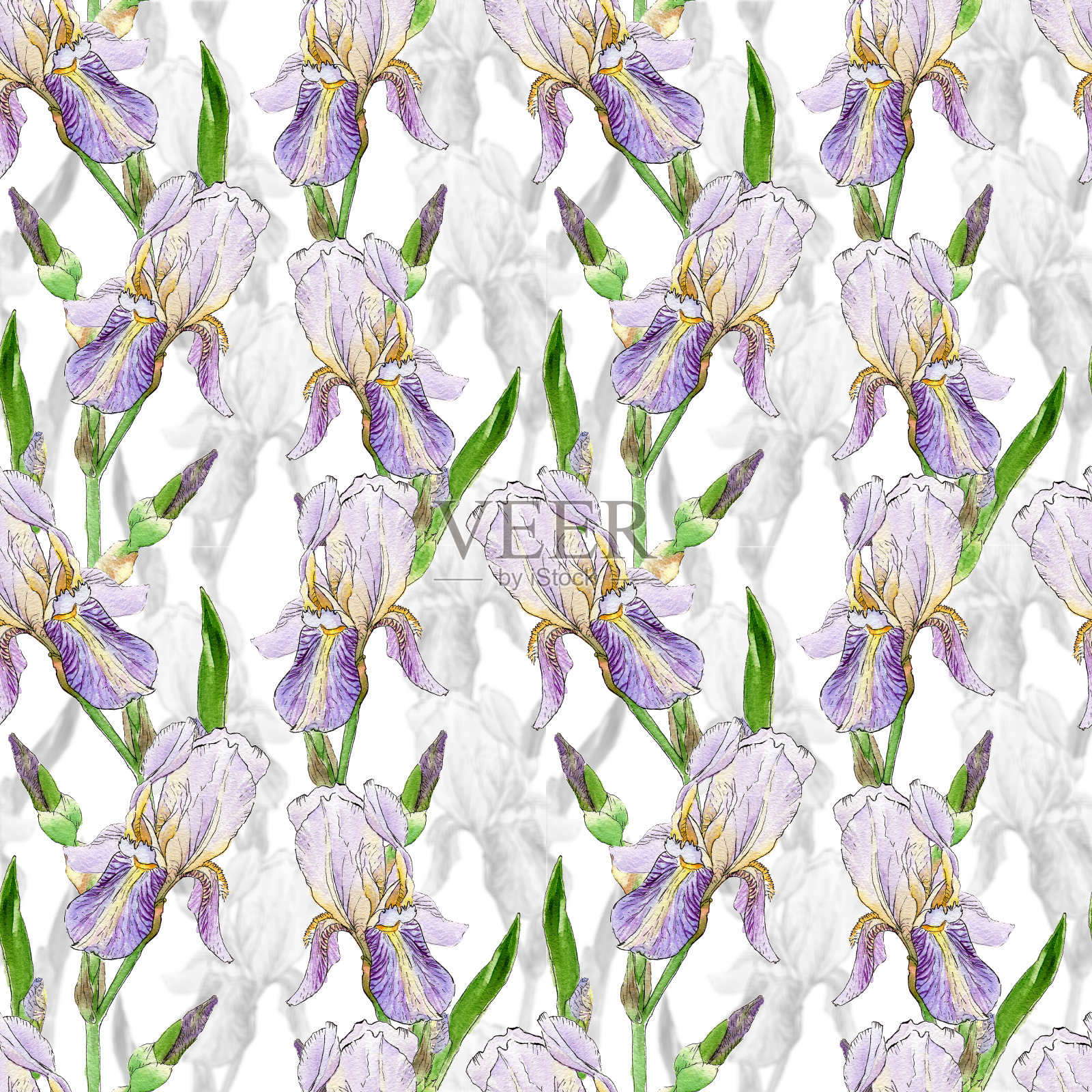 以素描风格手绘鸢尾花的无缝图案。设计织物，墙纸，明信片，邀请，剪贴簿纸。插画图片素材
