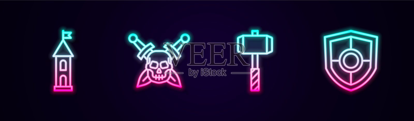 设线城堡塔骷髅与剑战图标素材