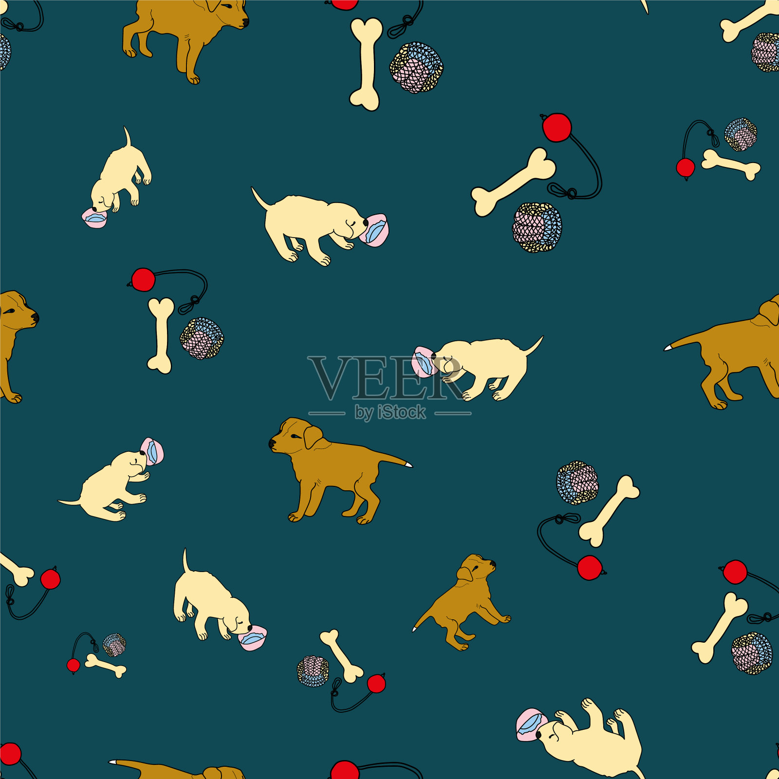 蓝色的小狗狗无缝背景图案插画图片素材