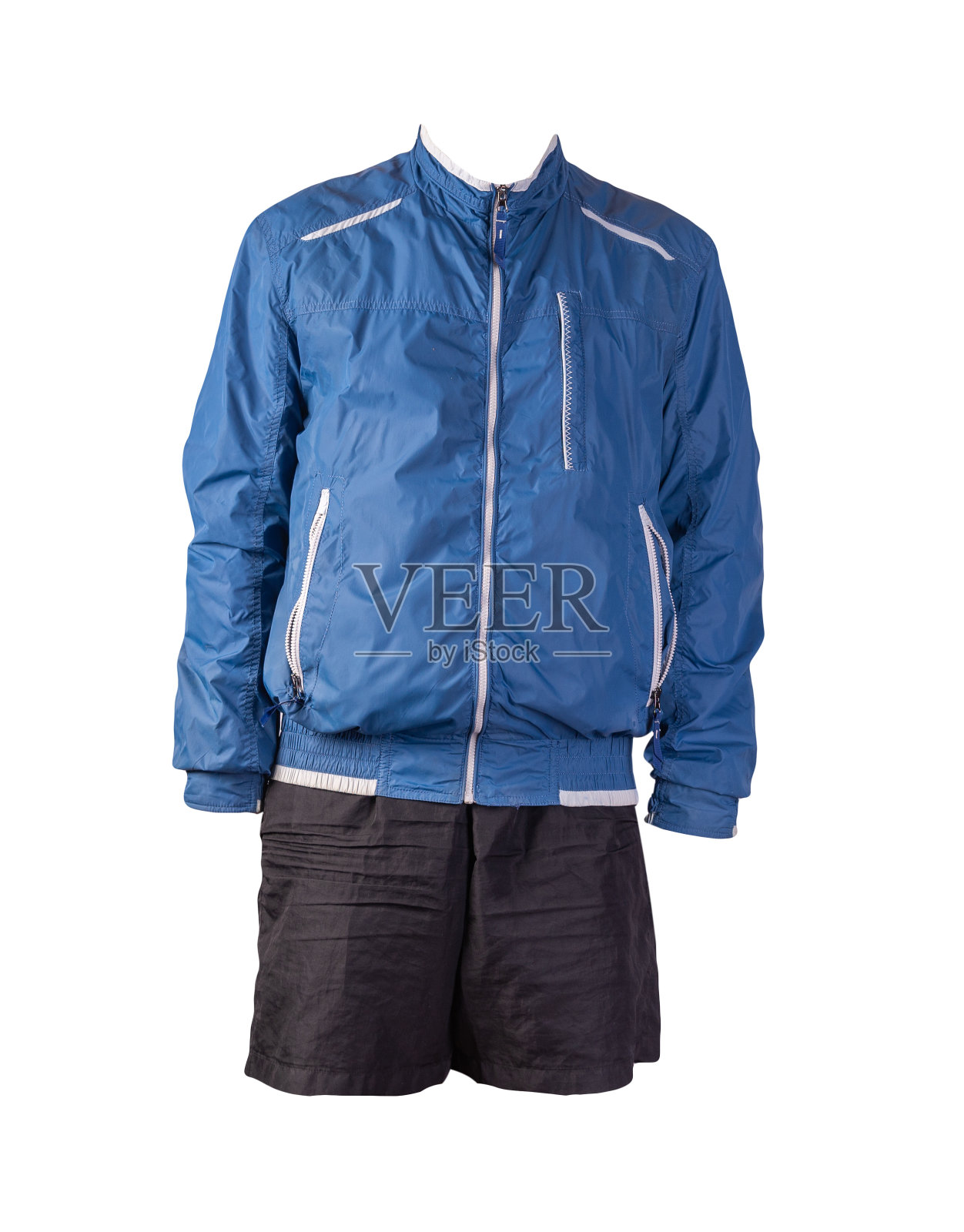 男子夹克和运动短裤孤立在白色背景。时尚的休闲装照片摄影图片