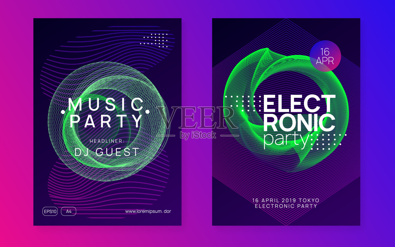 霓虹灯俱乐部传单。电子舞曲。恍惚dj。电子声音电影节。科技活动的海报。设计模板素材