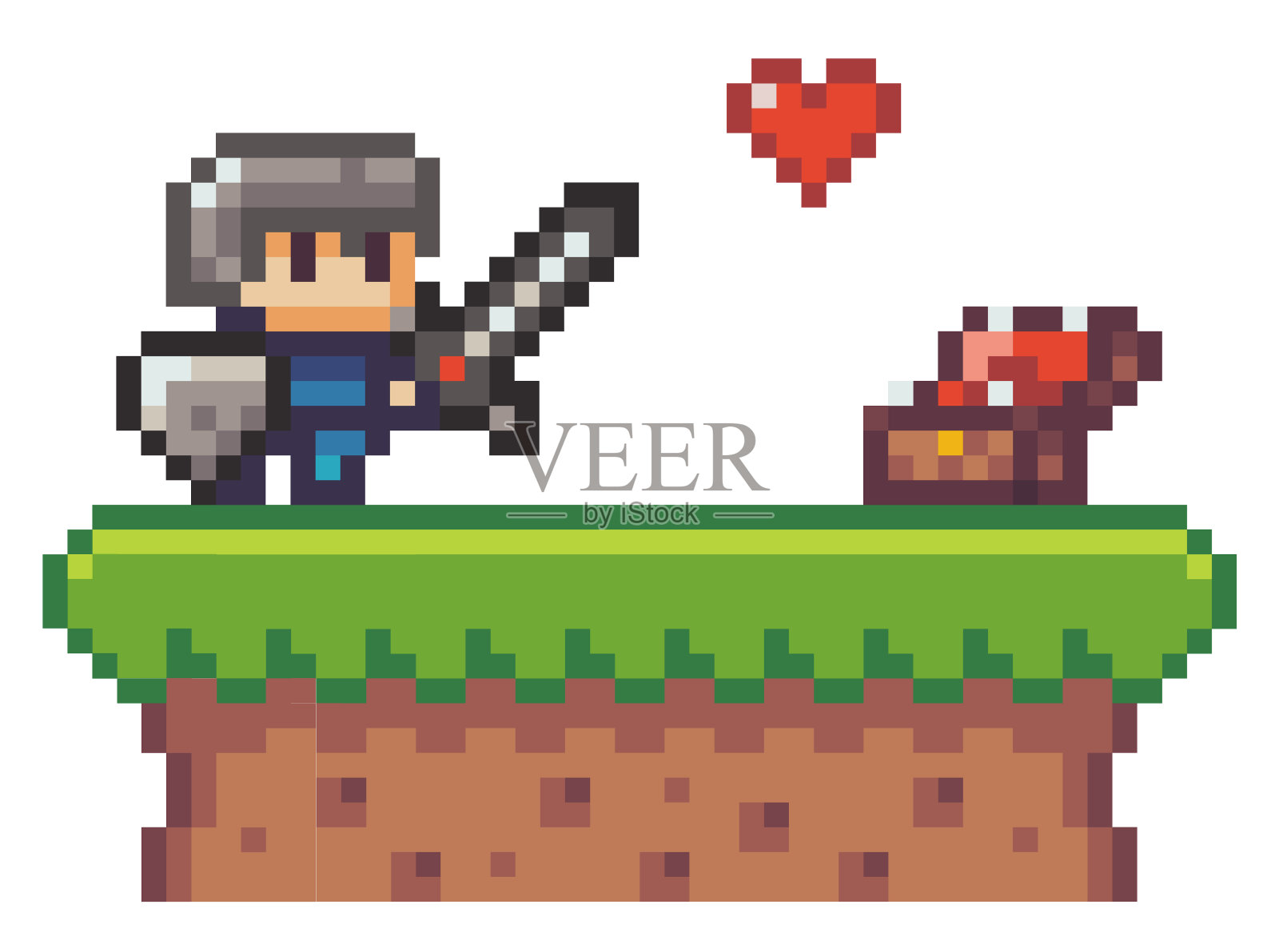 游戏像素英雄，骑士用剑，盾牌在胸前打开，收集生命，生命心插画图片素材