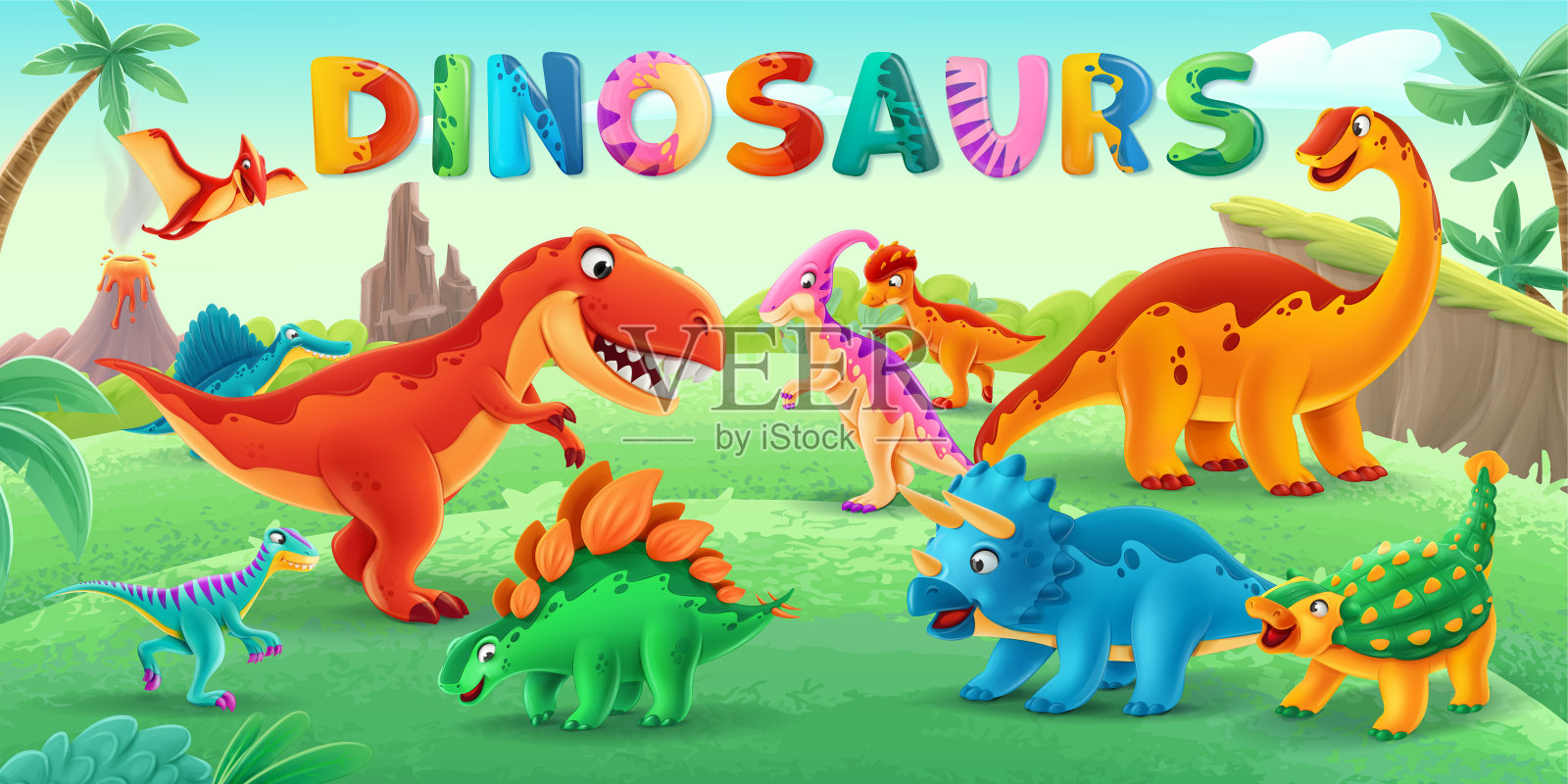 公园里的恐龙有卡通插图插画图片素材