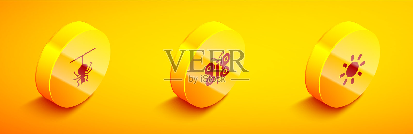 设置等距蜘蛛蝴蝶和太阳图标图标素材