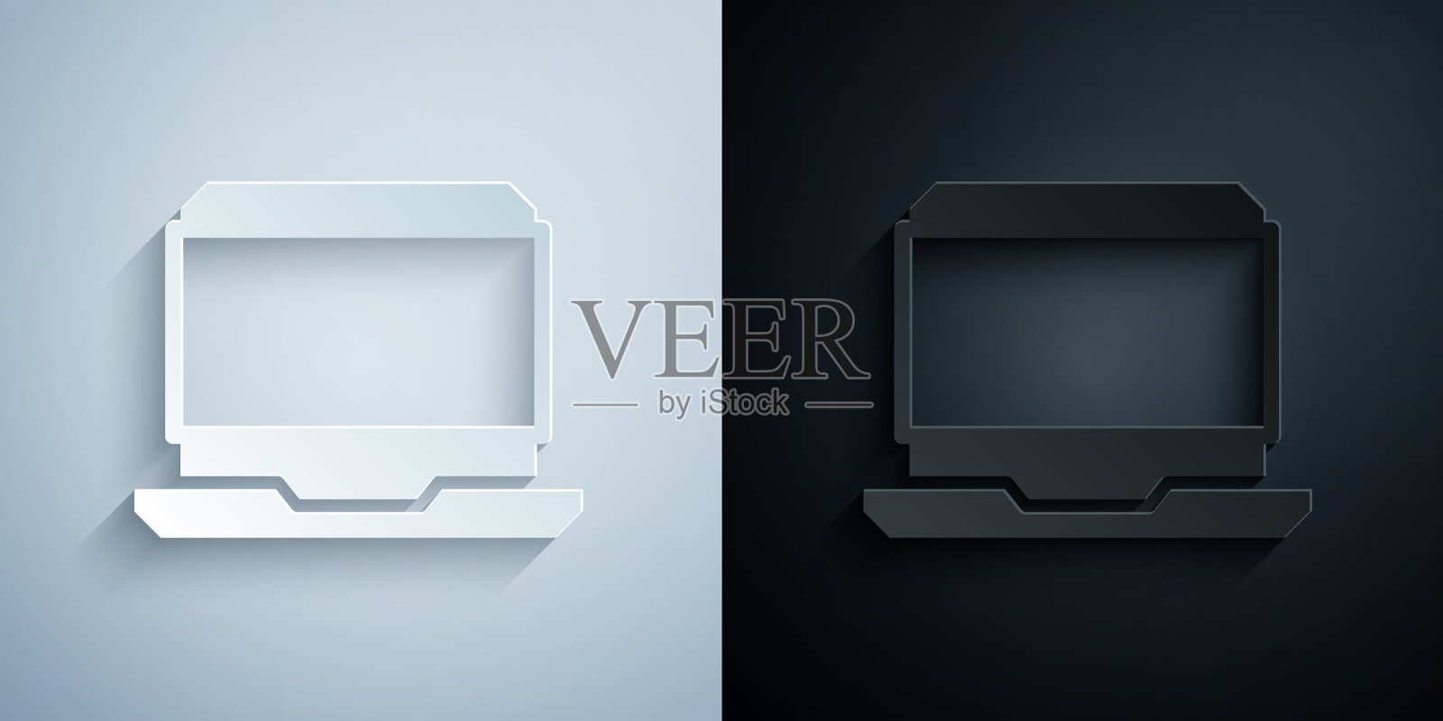 剪纸笔记本电脑图标孤立在灰色和黑色插画图片素材