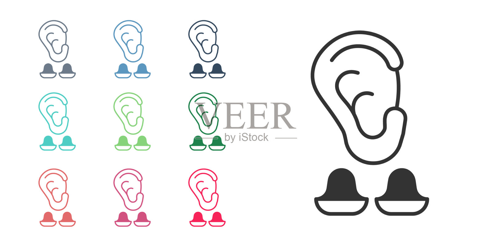 黑色耳塞和耳朵图标孤立在白色图标素材