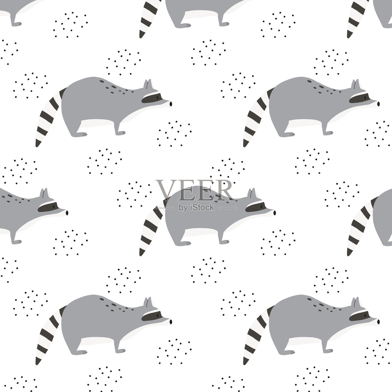 孩子气的无缝图案与灰色浣熊插画图片素材