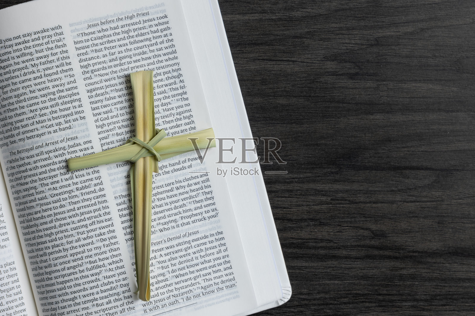 近棕榈叶交叉上打开圣经照片摄影图片