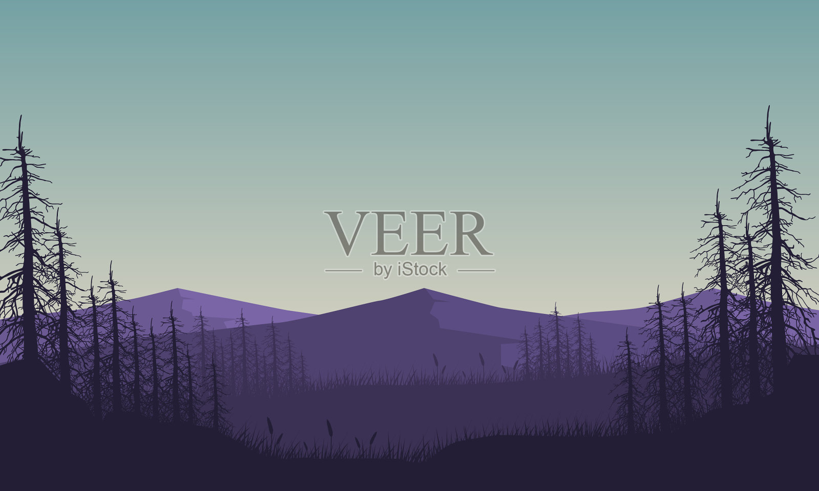 早上群山和森林的美景插画图片素材