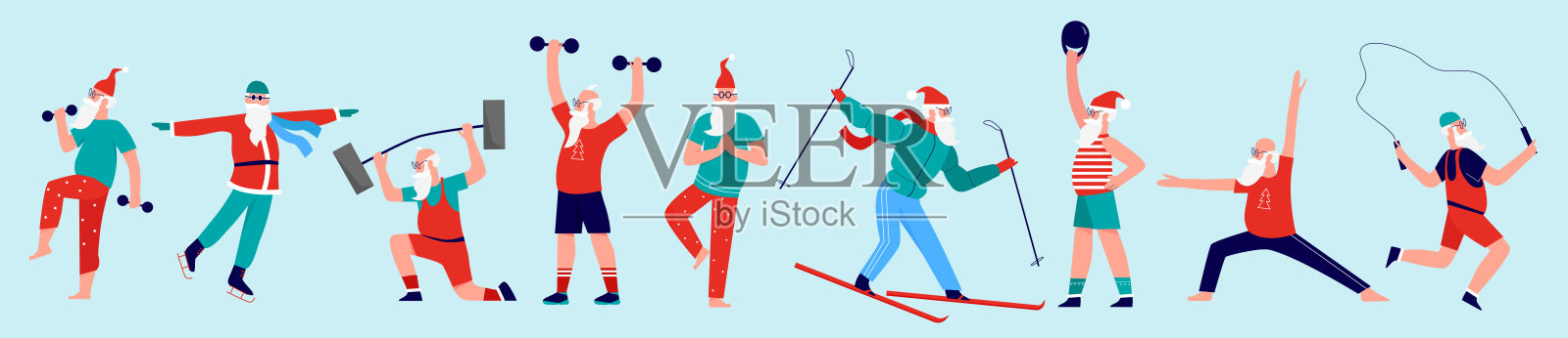 积极的体育锻炼和瑜伽的圣诞老人性格设定，健康的锻炼的男人插画图片素材