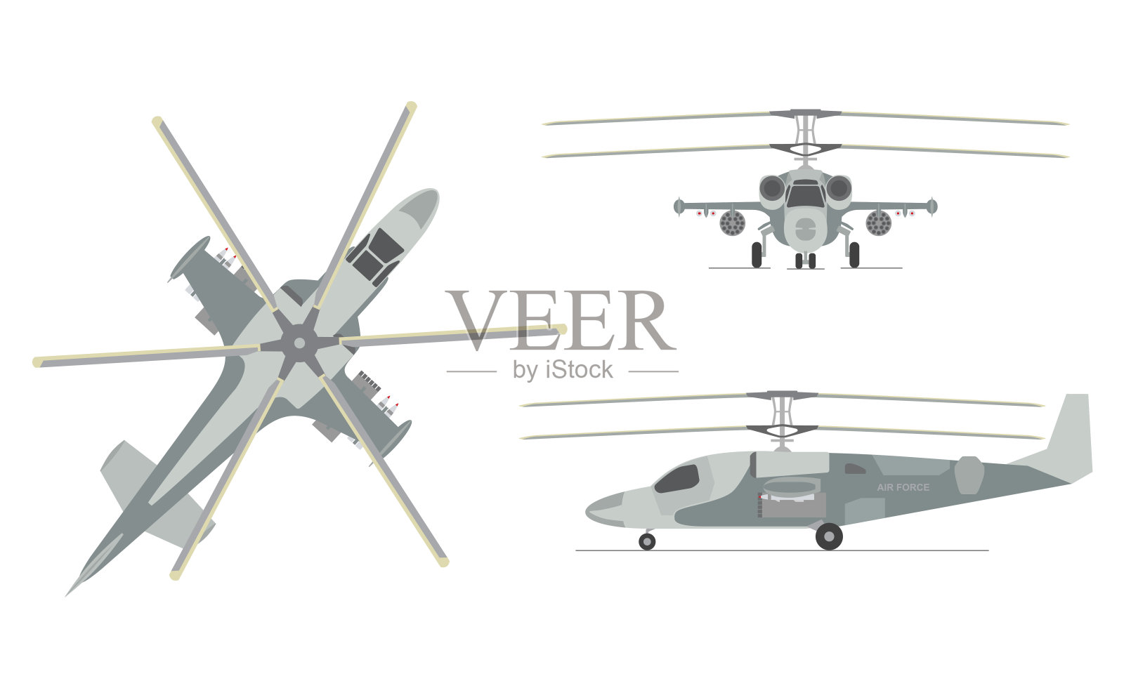 军用攻击直升机的顶部，侧面和正面视图。孤立在白色背景。设计元素图片