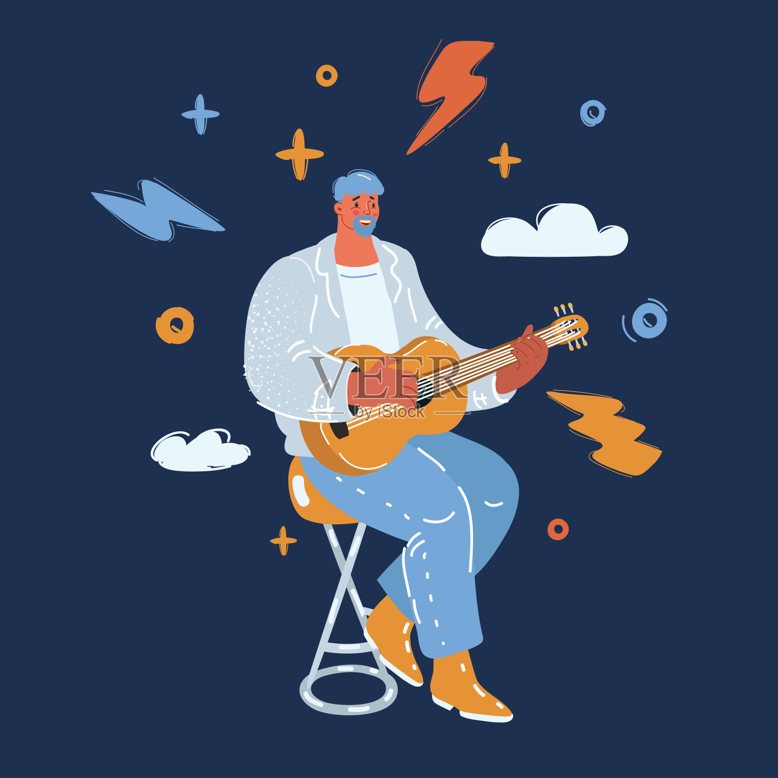 摇滚明星在黑暗背景上弹奏吉他的矢量插图。插画图片素材