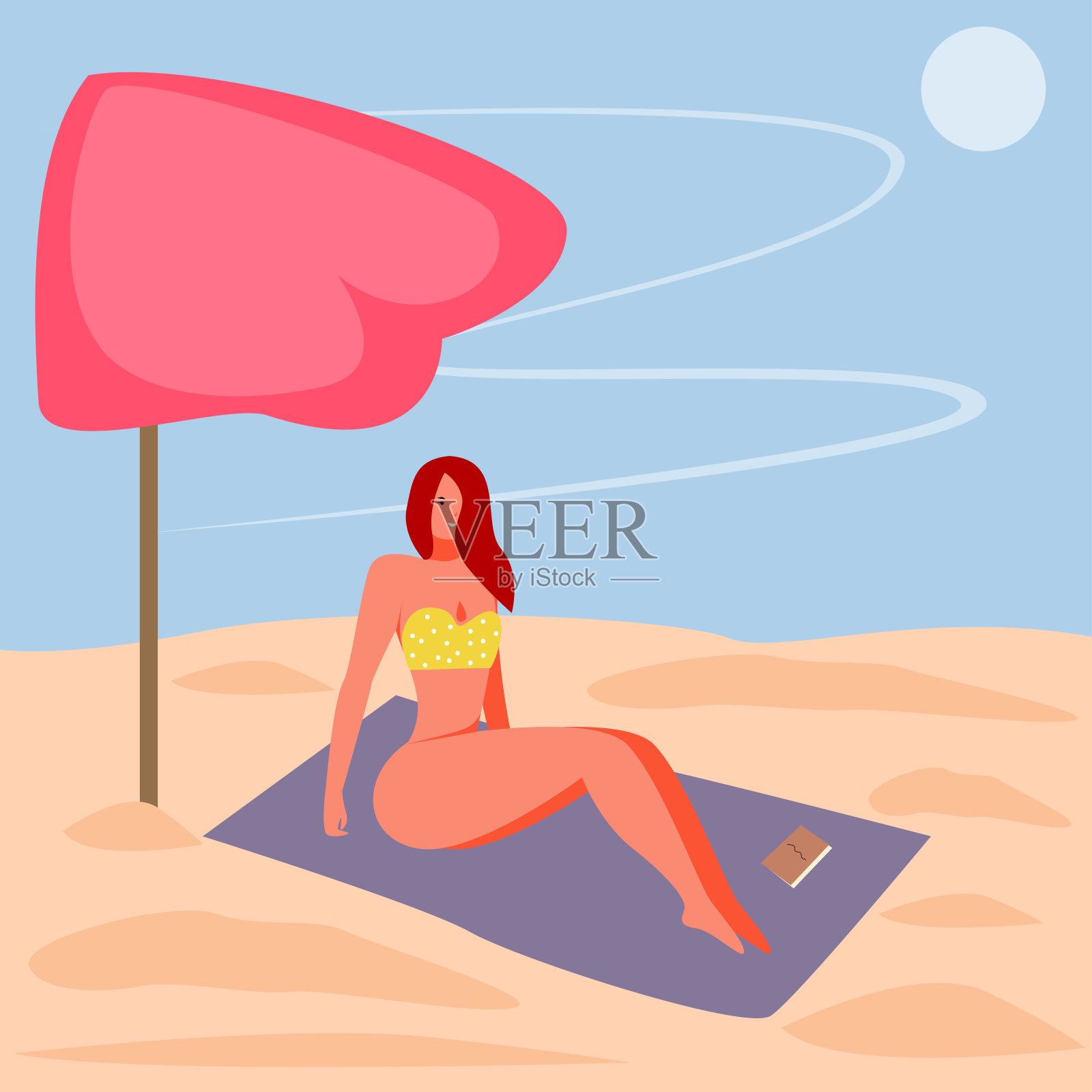 美丽的女人在海滩上拿着一本书在海上，伟大的设计为任何目的。卡通平面矢量插图。穿着泳装的可爱女孩。夏日设计，美概念。插画图片素材