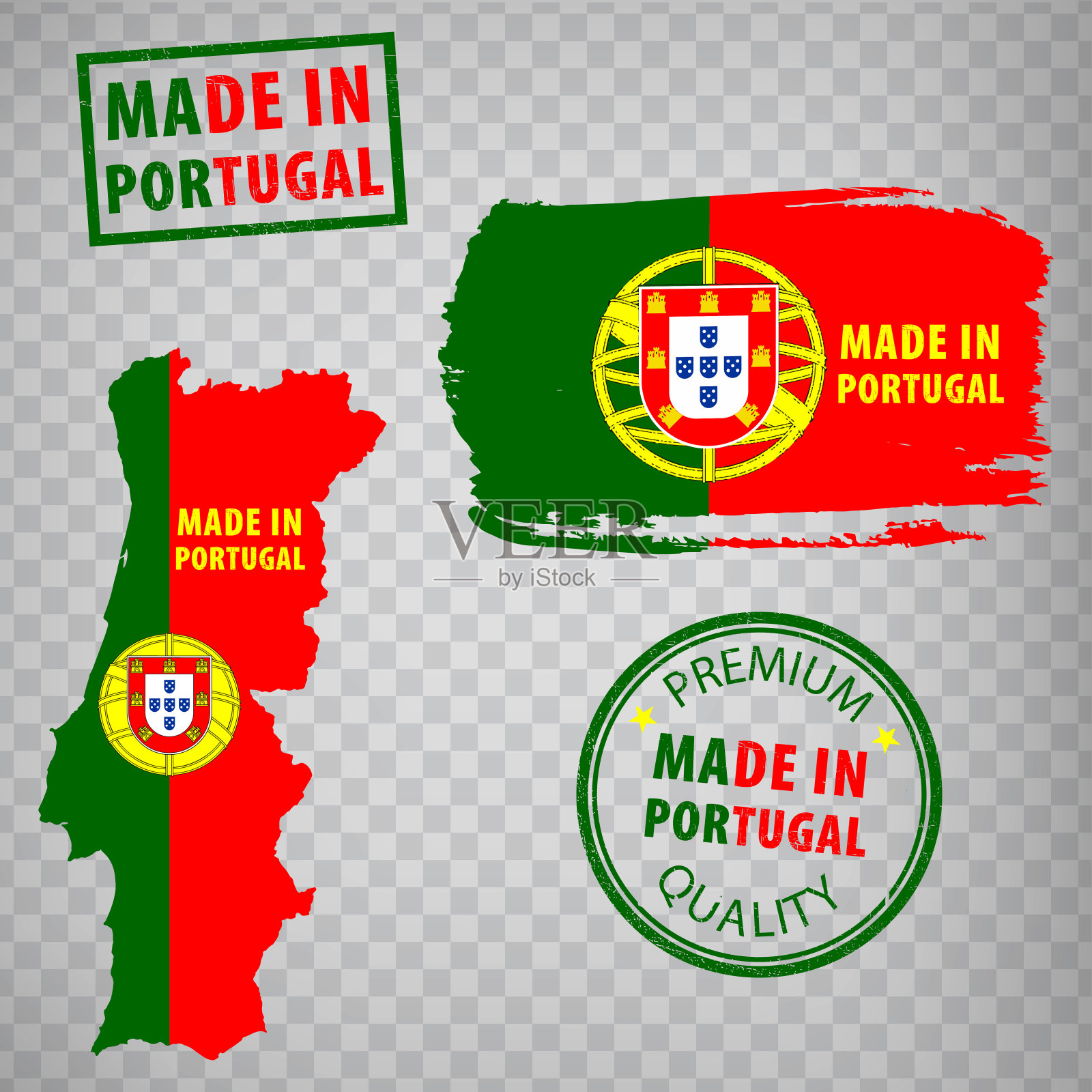 葡萄牙制造的橡皮图章图标孤立在透明背景上。葡萄牙制造或生产的葡萄牙共和国地图。一套蹩脚的橡皮图章。EPS10。插画图片素材