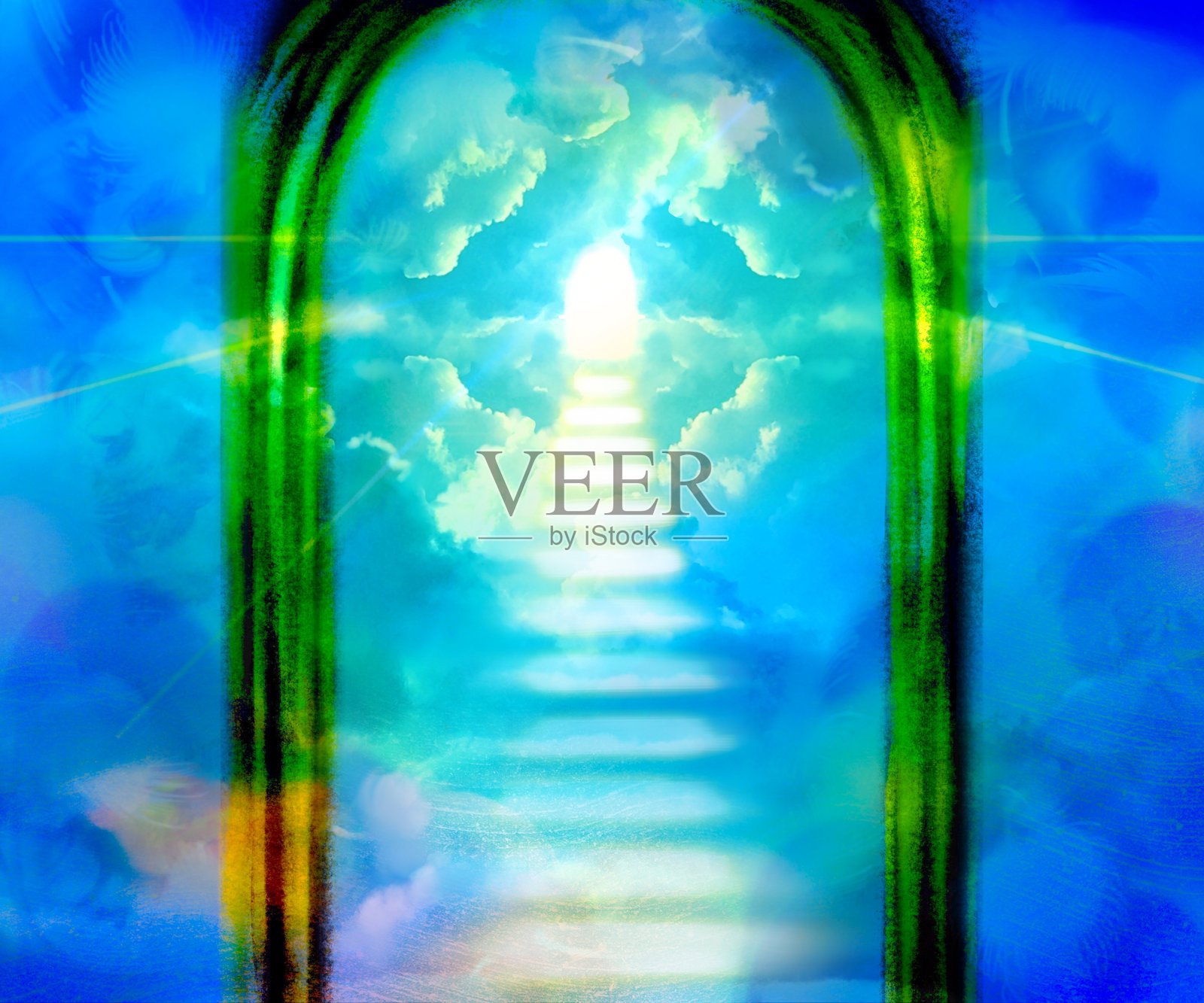 天空的大门和楼梯的插图，在云和白色的羽毛跳舞的景观插画图片素材