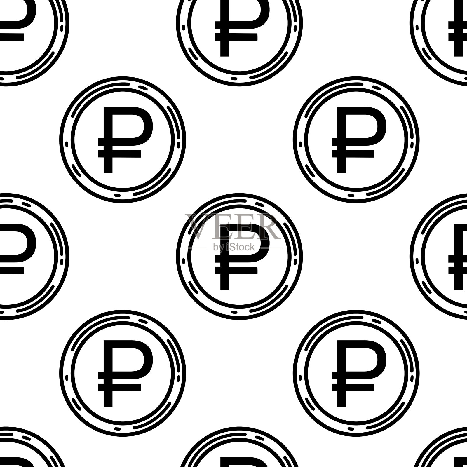 卢布无缝矢量模式。圆形金属俄罗斯硬币。现金,货币符号。插图孤立在白色背景上。欧洲货币草图。银行付款的迹象。黑白背景插画图片素材