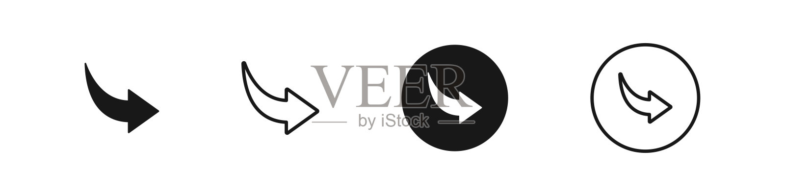 箭头图标。弯曲孤立的箭头集合。白色背景下的方向标志。带有曲线的黑色箭头。图标素材