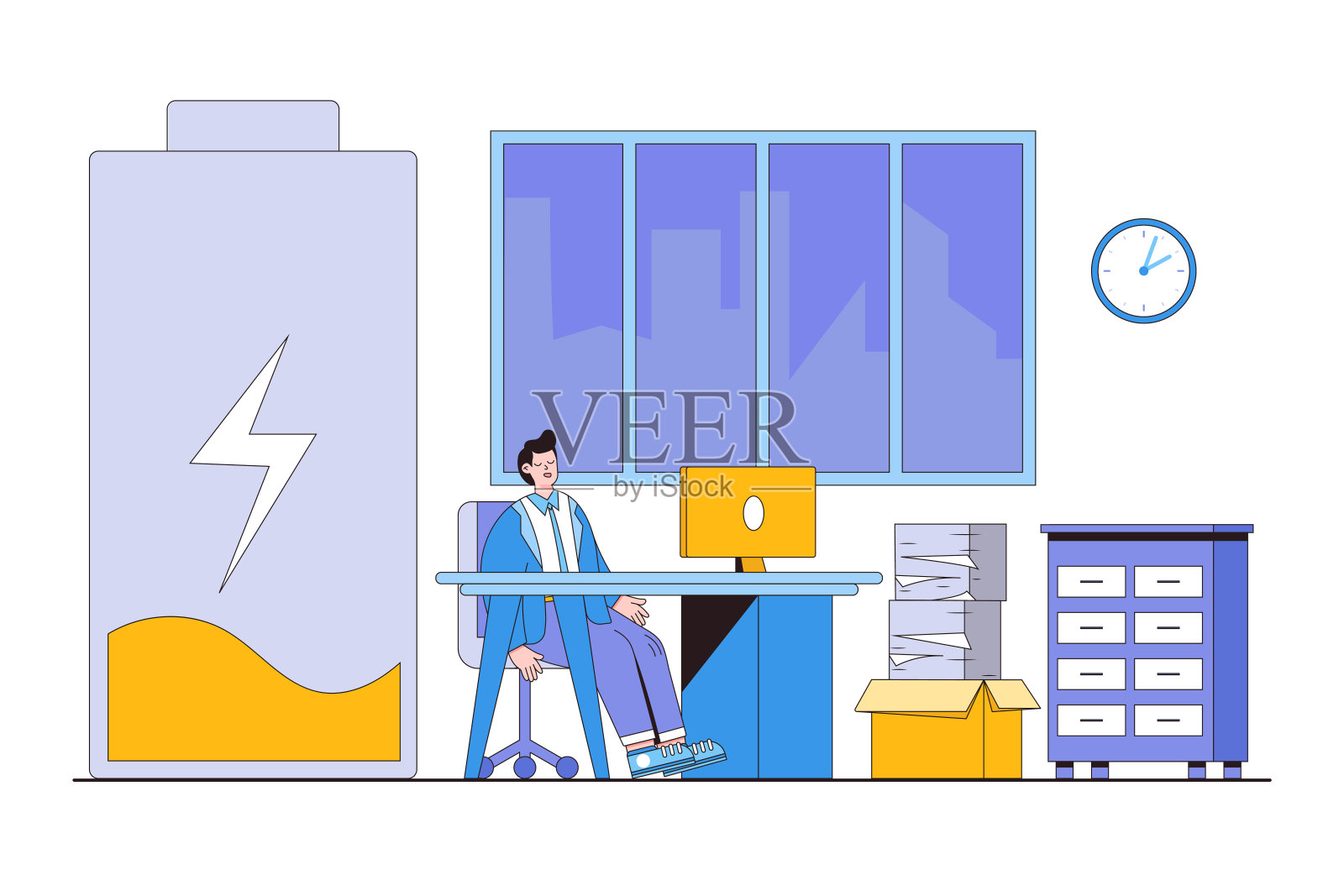 过度工作和超负荷工作使员工感到疲惫和压力，导致抑郁、倦怠，降低生产力观念。疲劳或疲惫的商业女性与低能量的工作笔记本电脑插画图片素材