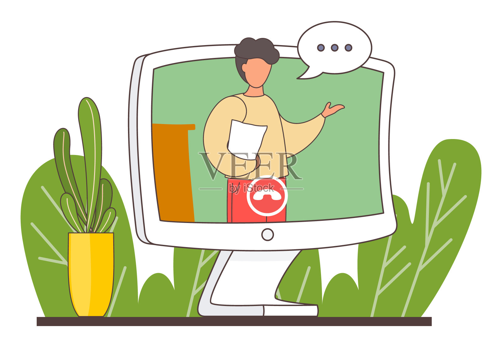 男人通过视频通话与文件交谈，在电脑显示视频会议，对话云插画图片素材