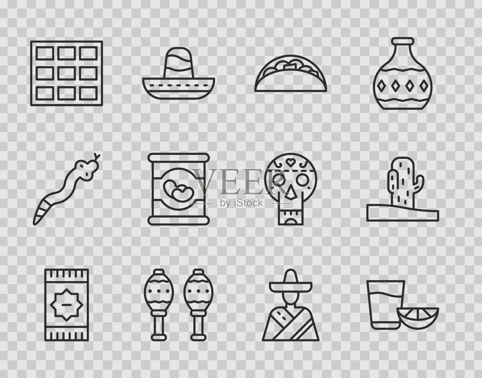 固定线墨西哥地毯龙舌兰杯柠檬图标素材