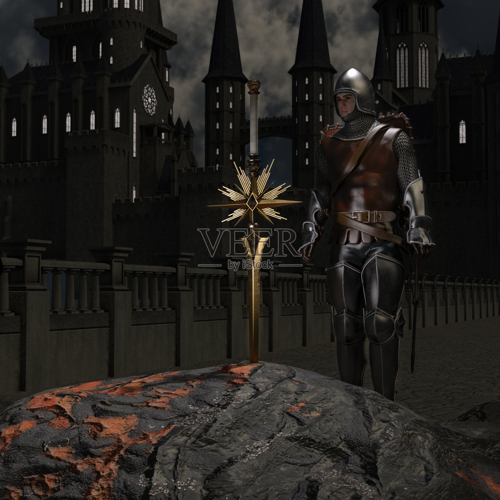 在城堡的背景下，一名骑士看着石头里的一把剑照片摄影图片