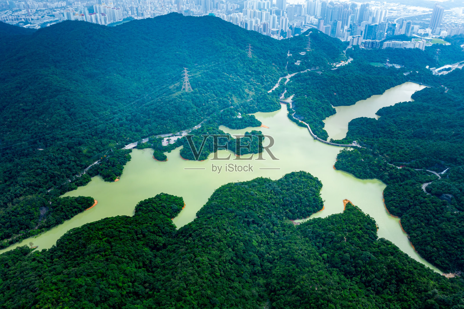 从天上看九龙水塘和香港照片摄影图片