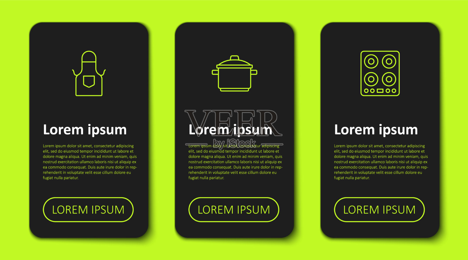 设置线厨房围裙，烹饪锅和燃气灶图标素材