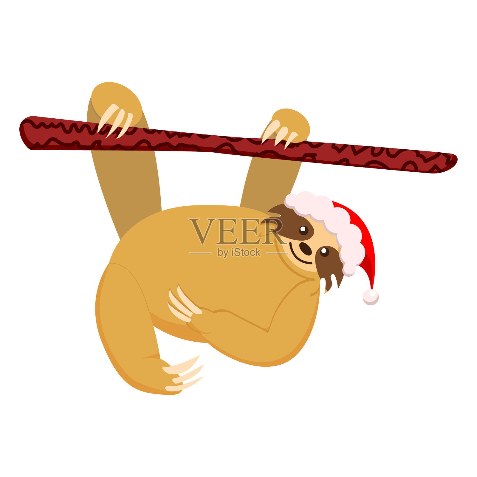 树懒宝宝挂在红白相间的树枝上插画图片素材