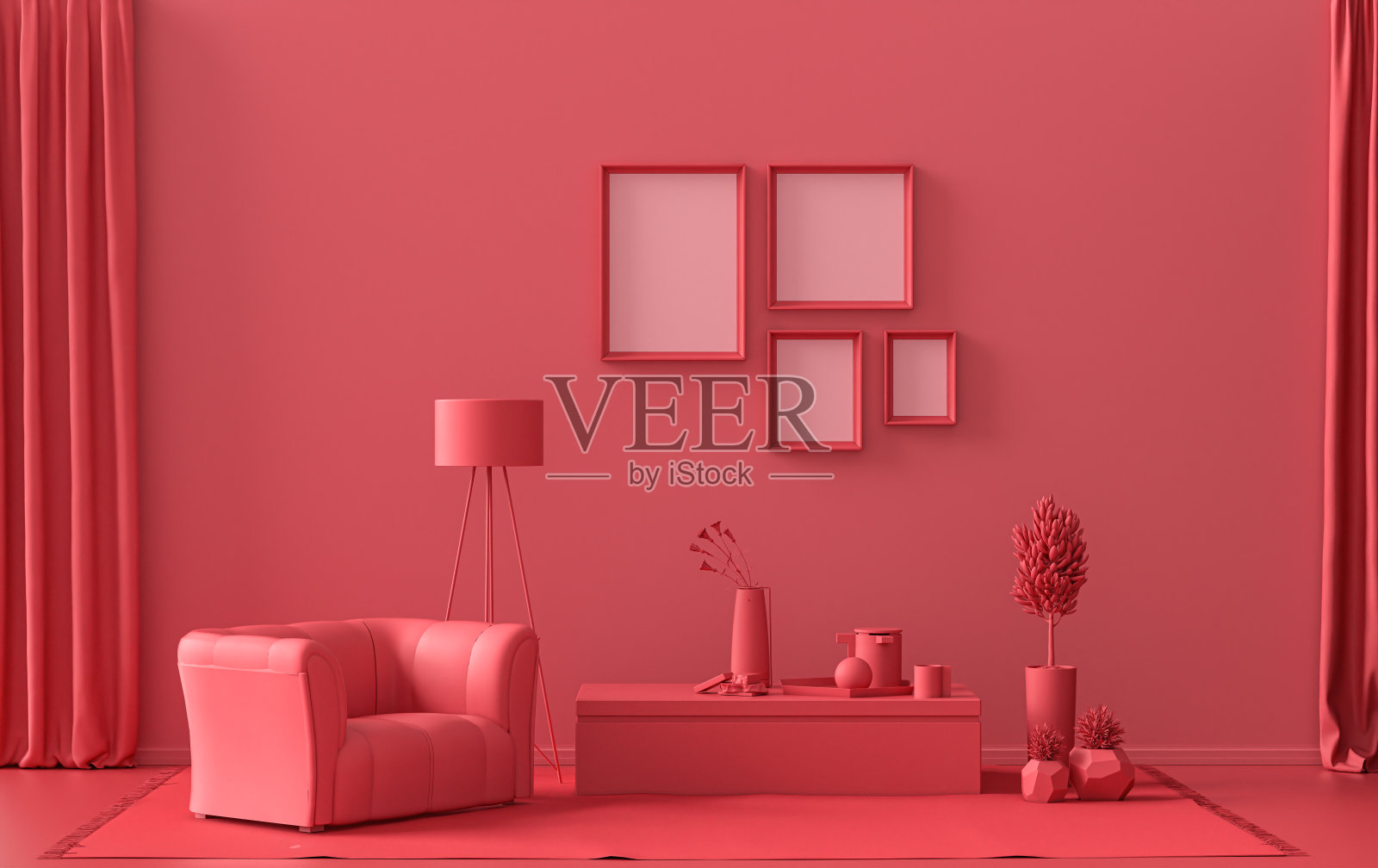 室内房间采用朴素的单色红色，墙上有4个单色框，画廊墙照片摄影图片