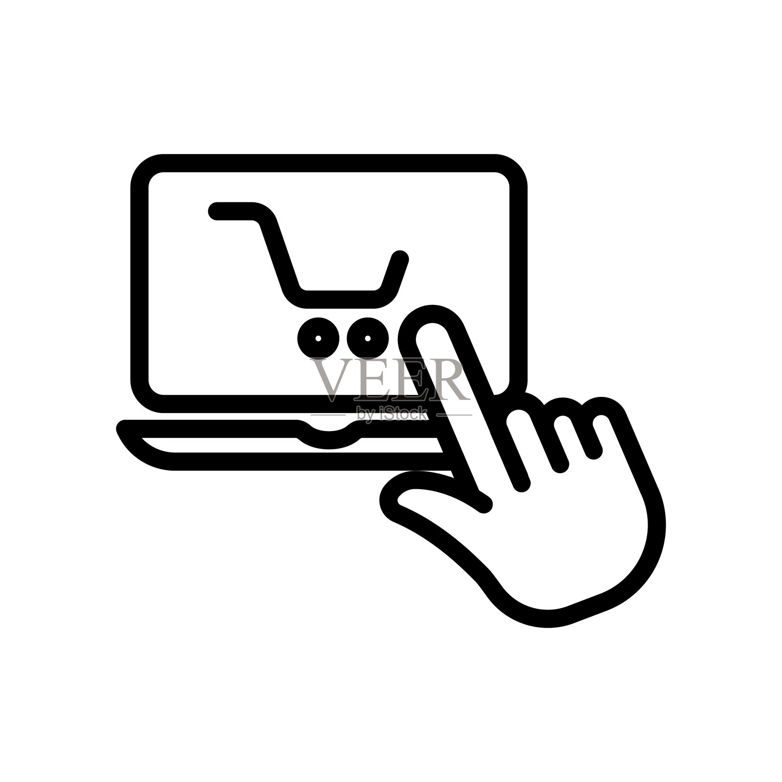 笔记本电脑图标矢量与购物车和手触摸。适合网上商店图标，网上商店，网上购买。行图标风格。简单的设计插图编辑插画图片素材