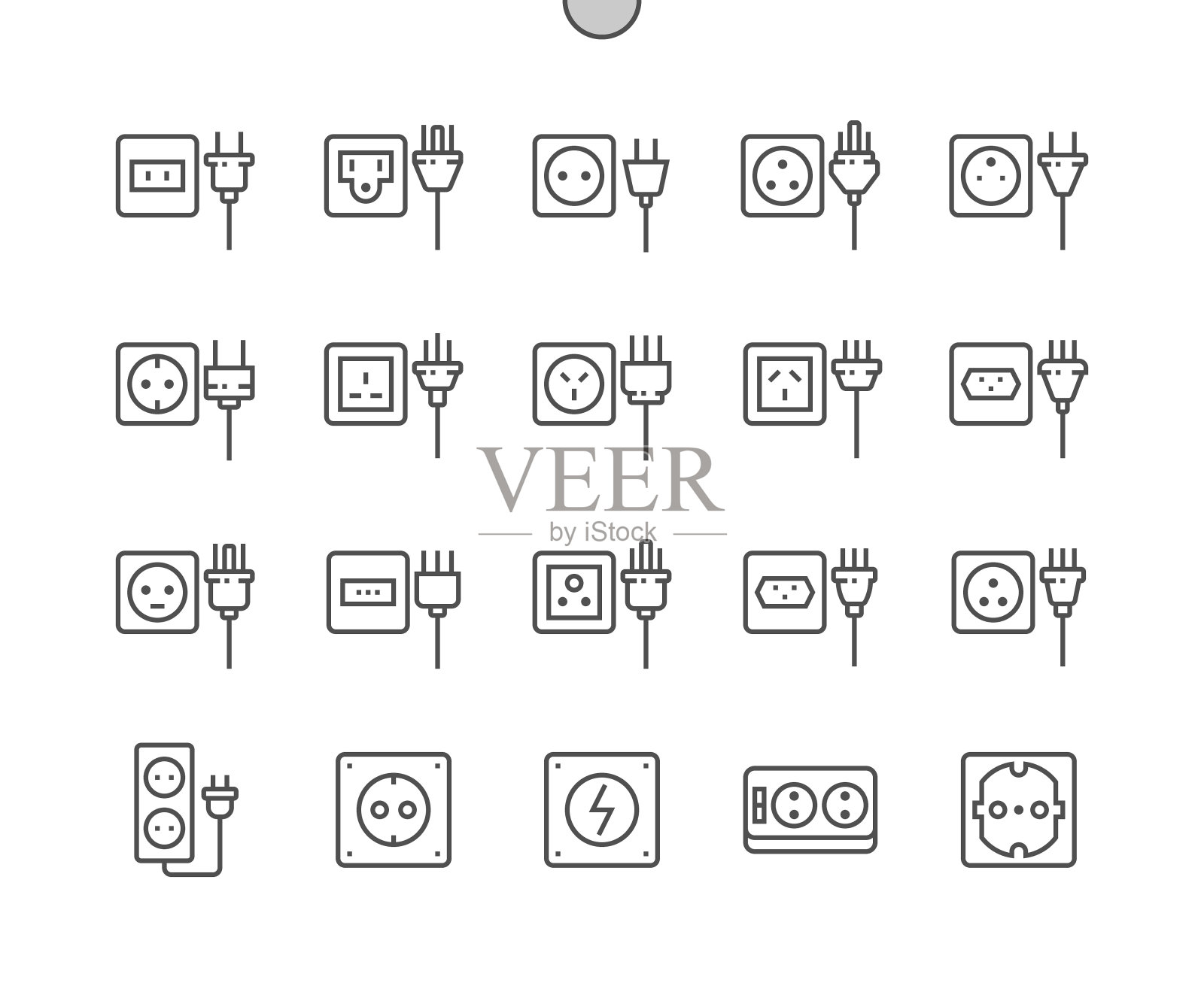 电插座的类型。交流电源插头、电源插座和电源插座。电动地带。完美的像素矢量细线图标。简单的最小的象形图插画图片素材