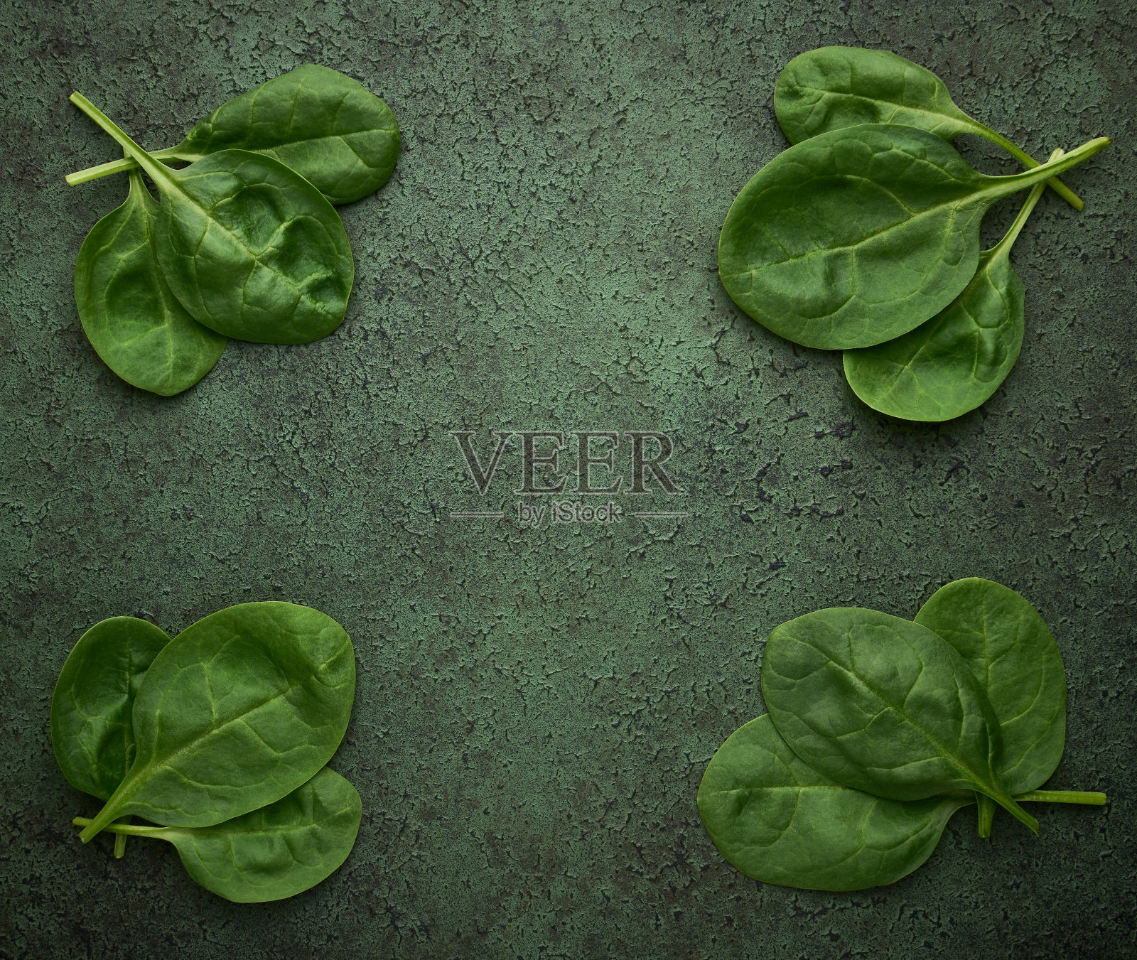 新鲜菠菜叶在绿色的纹理背景上，平铺照片摄影图片