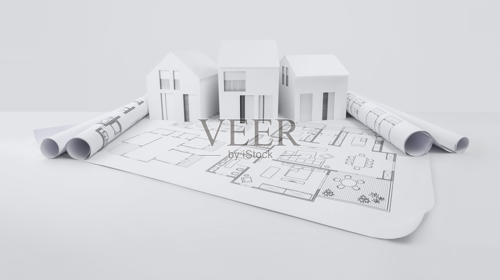 房屋建筑模型蓝图，建筑施工或房地产销售banner照片摄影图片