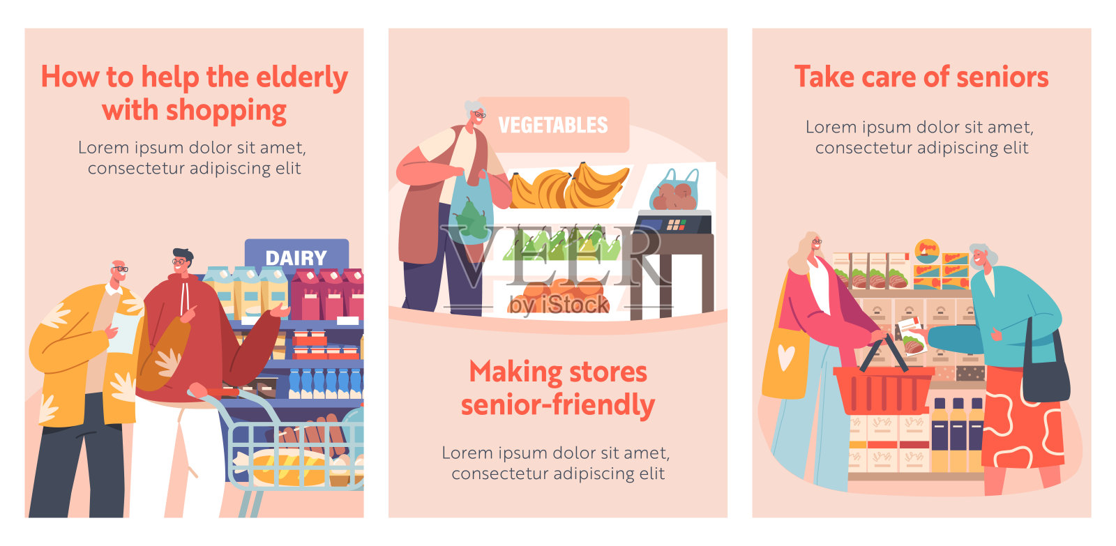 年轻人帮助老人在杂货店购物的横幅。善良无私的志愿者支持退休老人插画图片素材