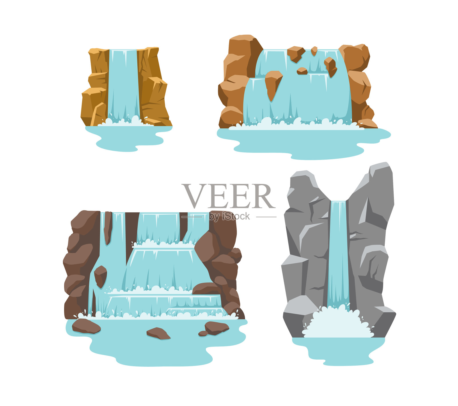 一组河流的瀑布，水流倾泻而下插画图片素材