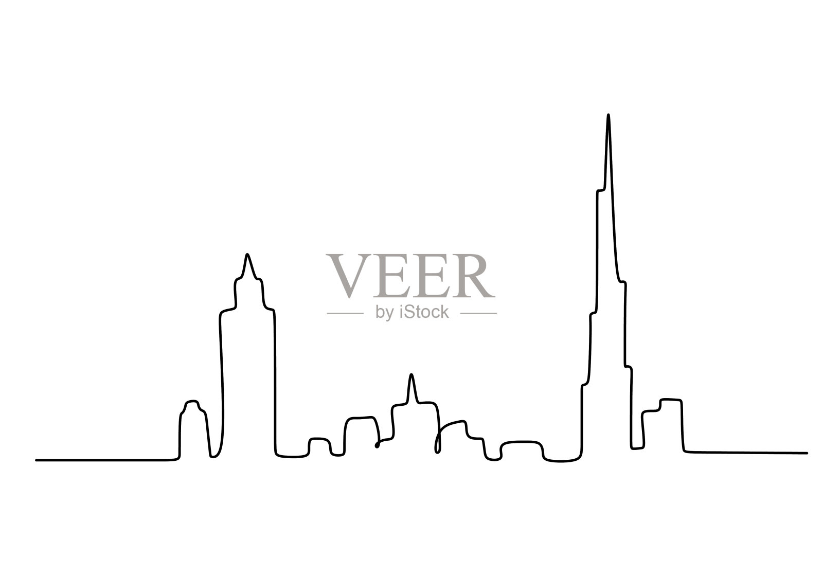 一条连续的城市天际线孤立在白色背景上。插画图片素材