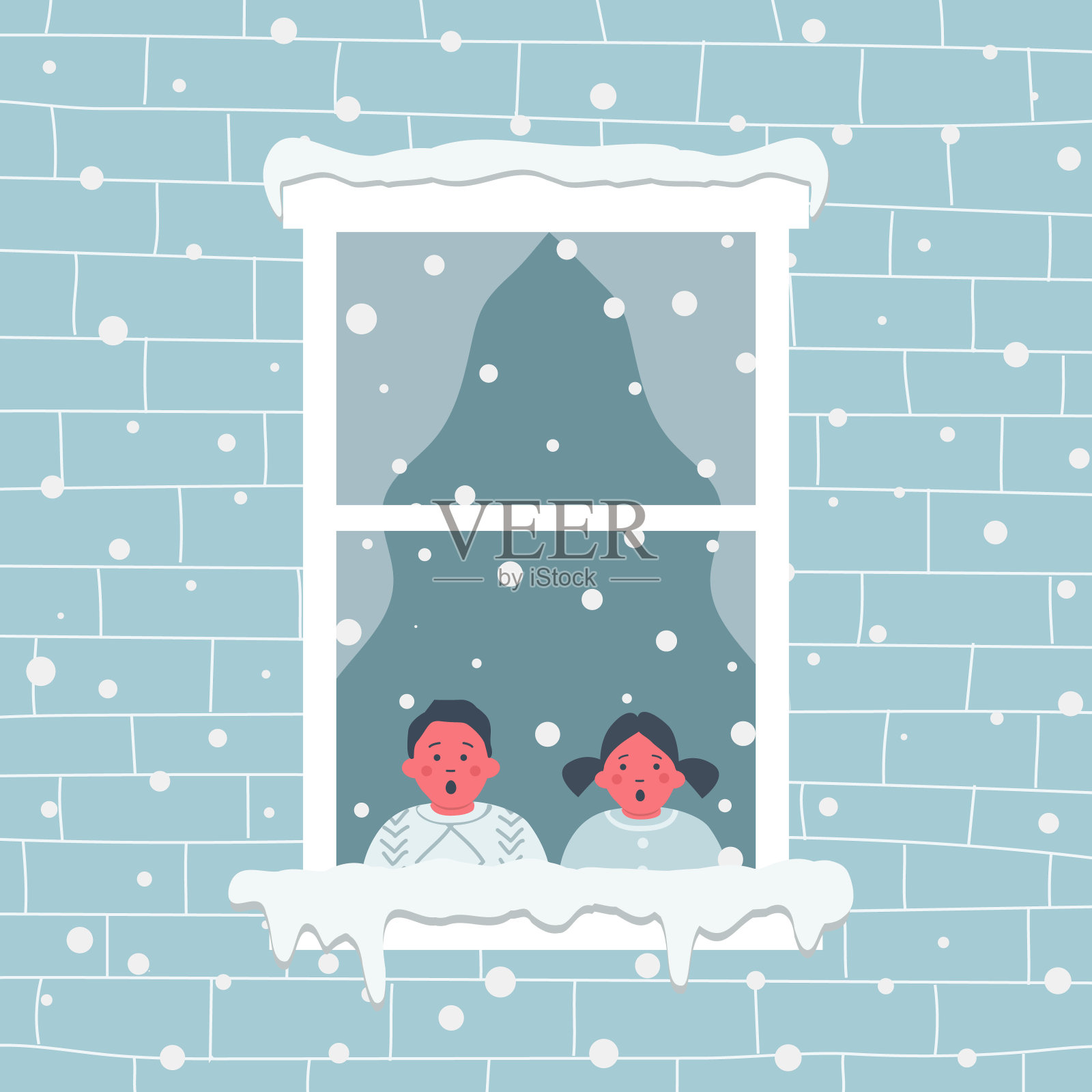 孩子们为初雪而高兴。小男孩和小女孩都在房间里惊讶地看着雪插画图片素材