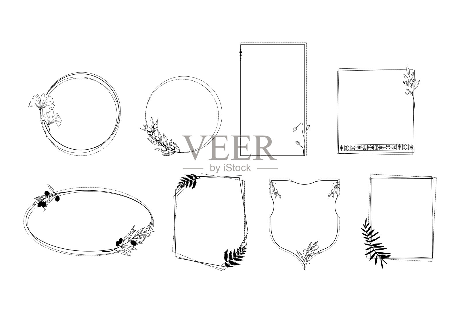 优雅的框架在希腊风格孤立的剪辑艺术束，圆形和方形的黑白框架集，花橄榄枝装饰框架的文本向量图像收集插画图片素材