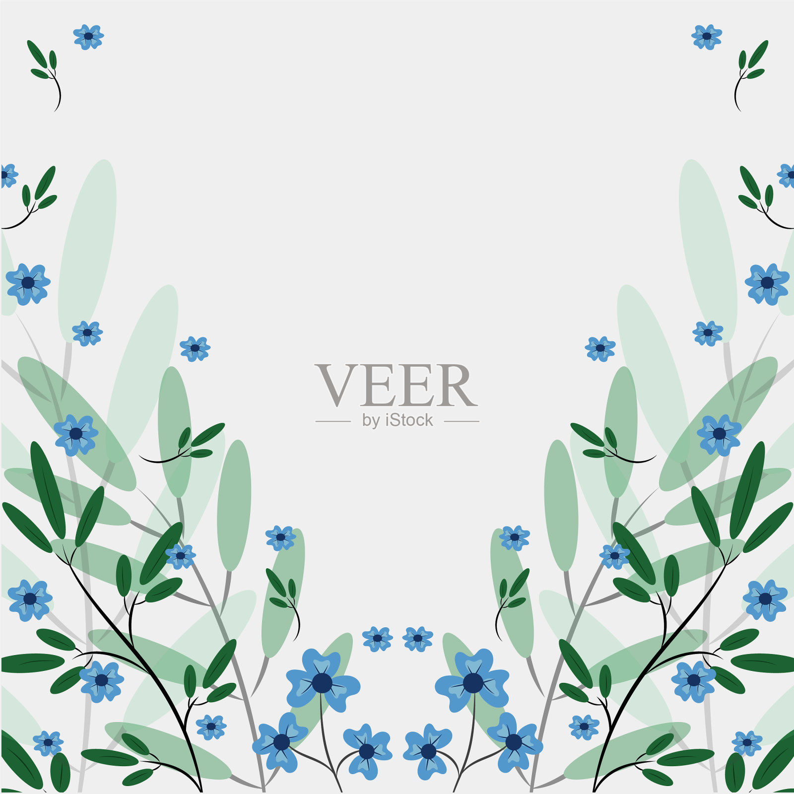 绿色花瓣和蓝色花朵的春天图案插画图片素材