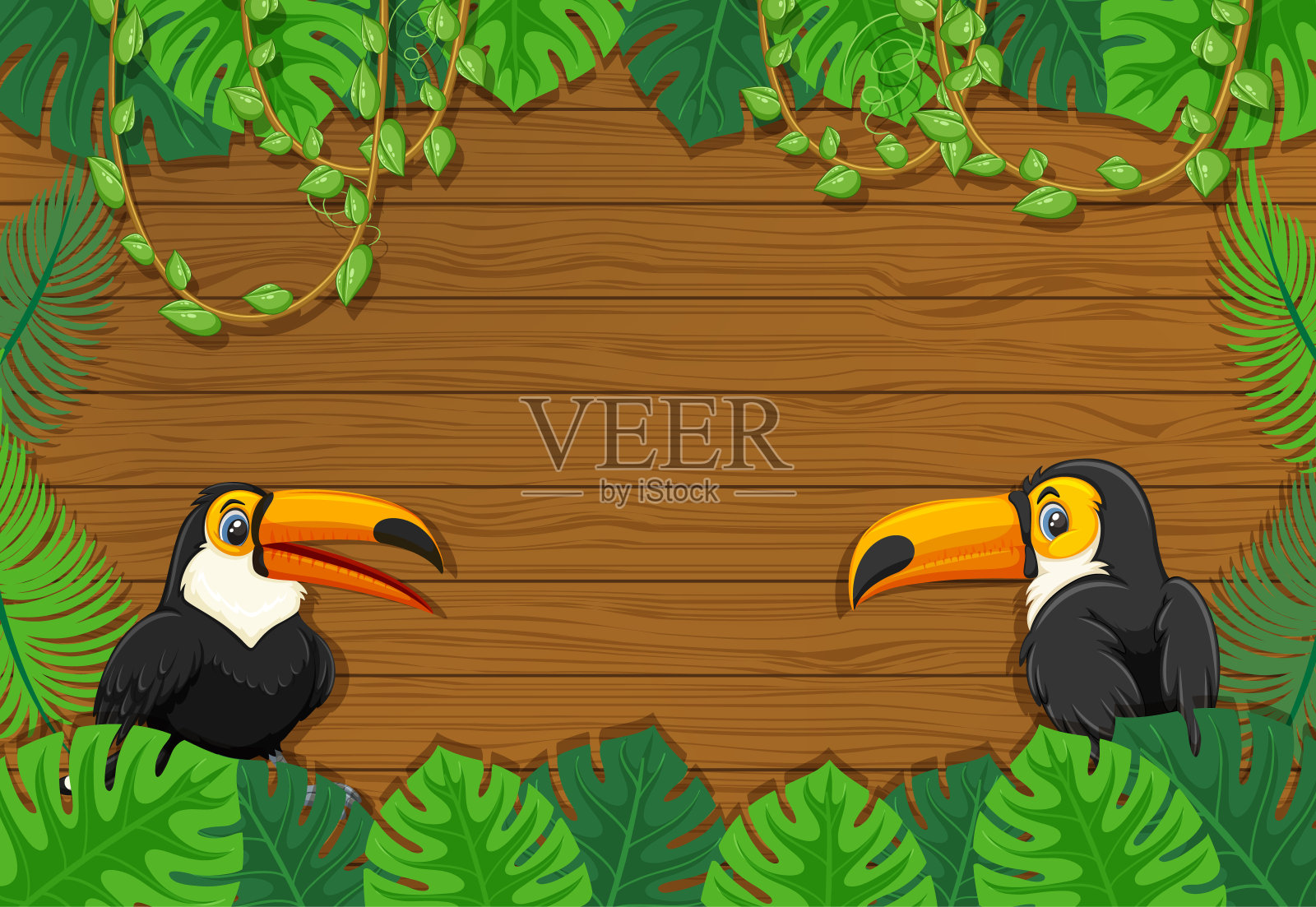 空横幅热带树叶框和巨嘴鸟卡通人物插画图片素材