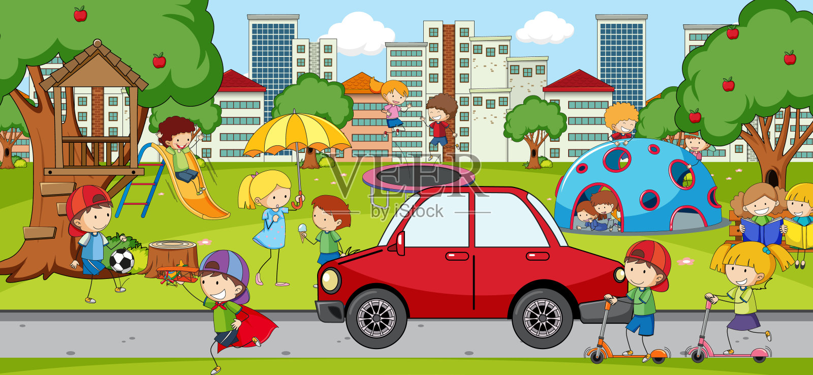 户外场景和许多孩子在公园里玩插画图片素材