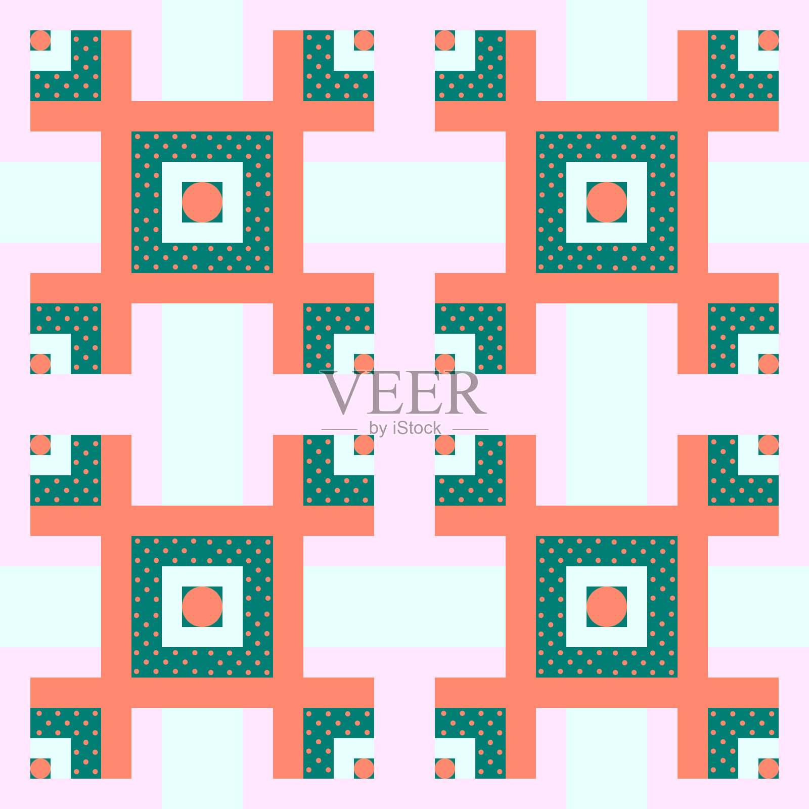 现代蜡笔几何背景。格子。向量无缝模式。广场,圆点花纹。赤橘色，翠绿色，粉红色。可爱的夏天。壁纸样品几何。Сreative设计。插画图片素材